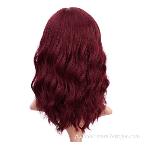 FZY Hair Heat Resistant Fiber Short Wavy Wig with Bangs Synthetic Wigs for Women 99J Red Burgundy Natural Hair Bob Wig Daily